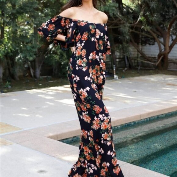 Floral Print Off-The-Shoulder Flare Sleeve Back Tie Detail Wide Leg Jumpsuit - Picture 2 of 6